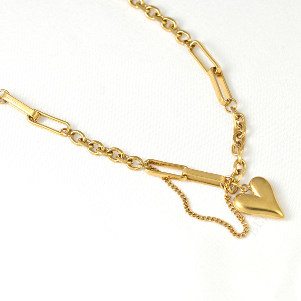 Gold Mixed Chain Puffy Heart Necklace - Stainless Steel