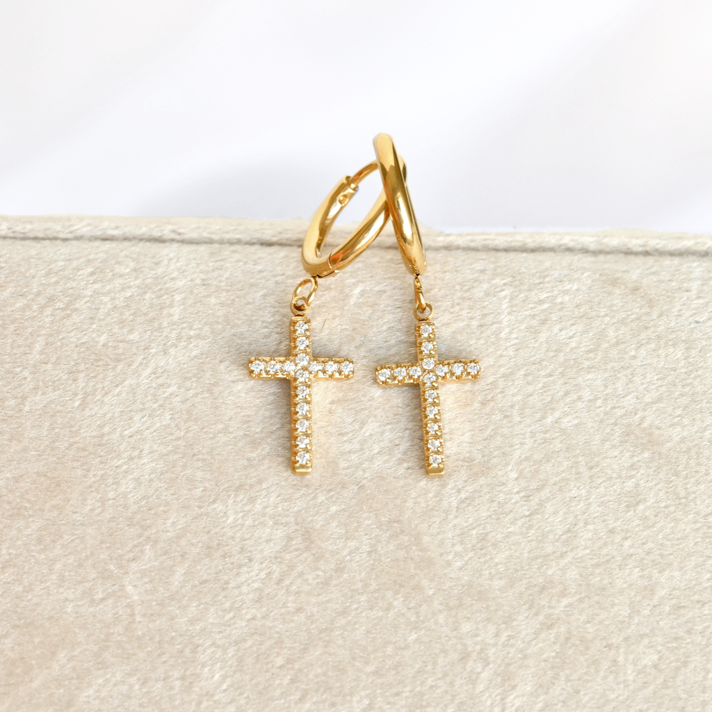 Pave CZ Cross Charm Hoop Earrings - Stainless Steel