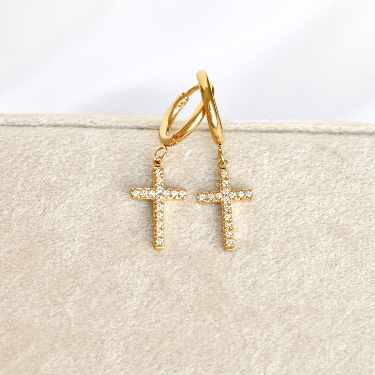 Pave CZ Cross Charm Hoop Earrings - Stainless Steel