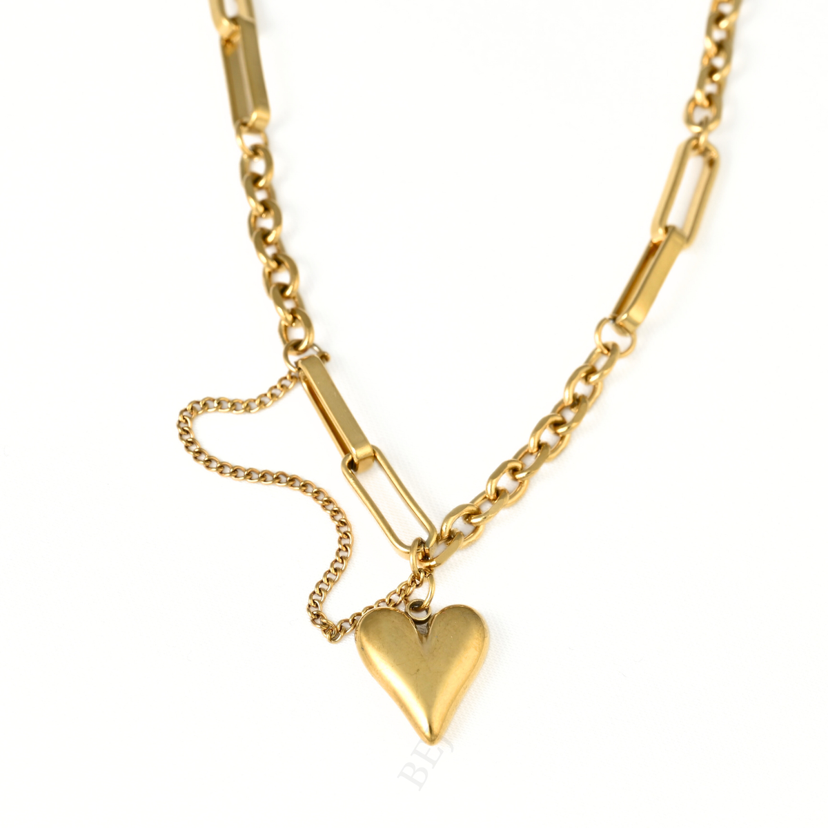 Gold Mixed Chain Puffy Heart Necklace - Stainless Steel