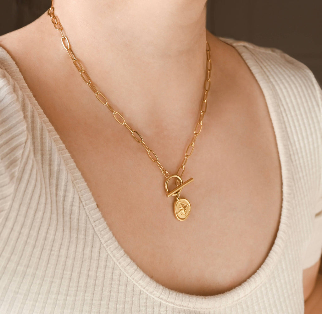 Paperclip Compass Medallion Necklace - Stainless Steel