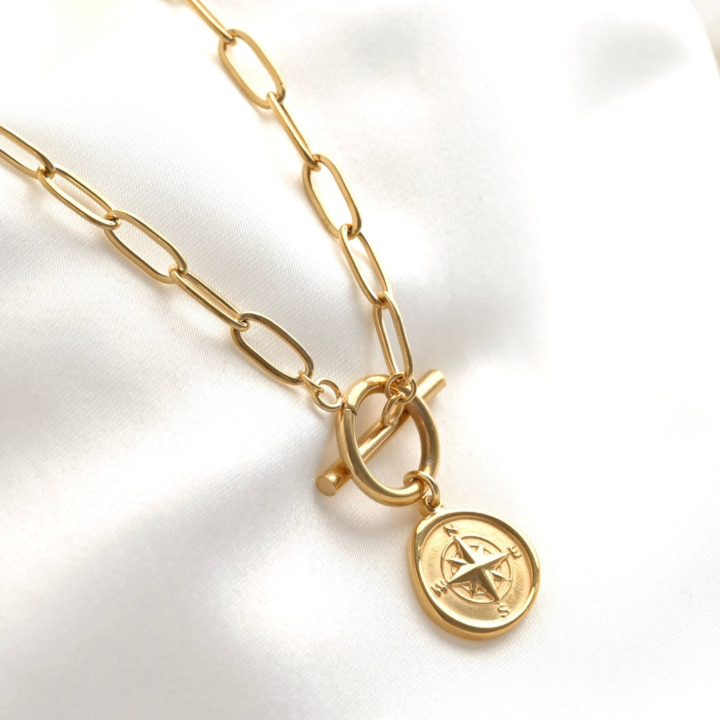 Paperclip Compass Medallion Necklace - Stainless Steel