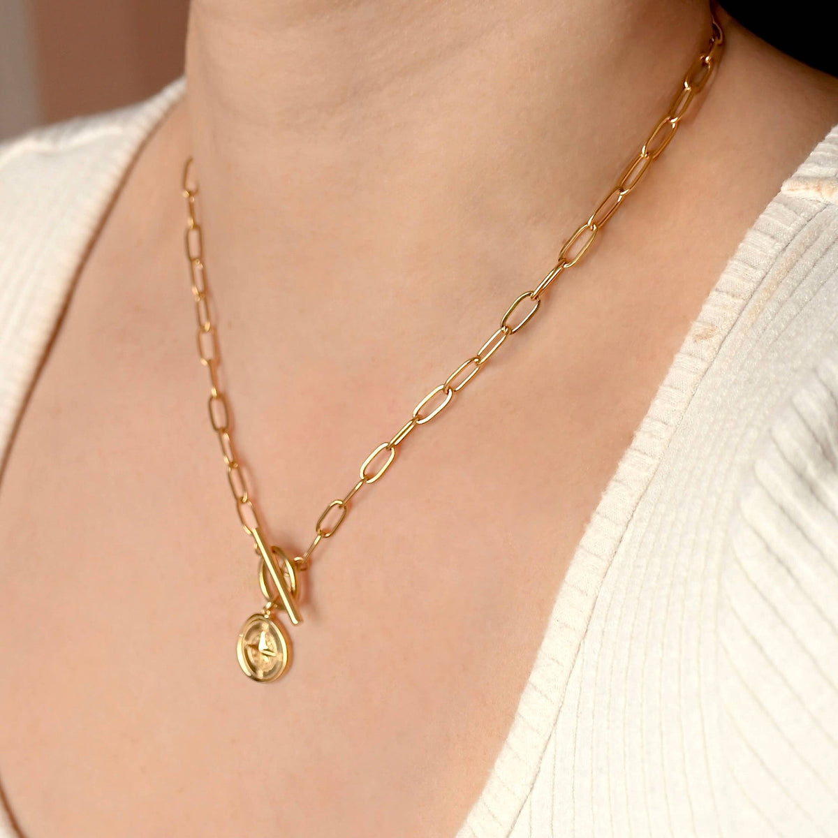 Paperclip Compass Medallion Necklace - Stainless Steel