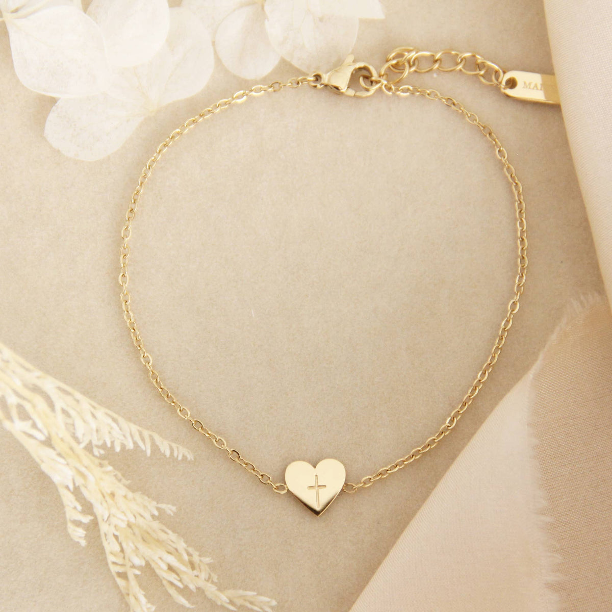 Tiny Heart Cross Bracelet, Engraved Cross Jewelry
