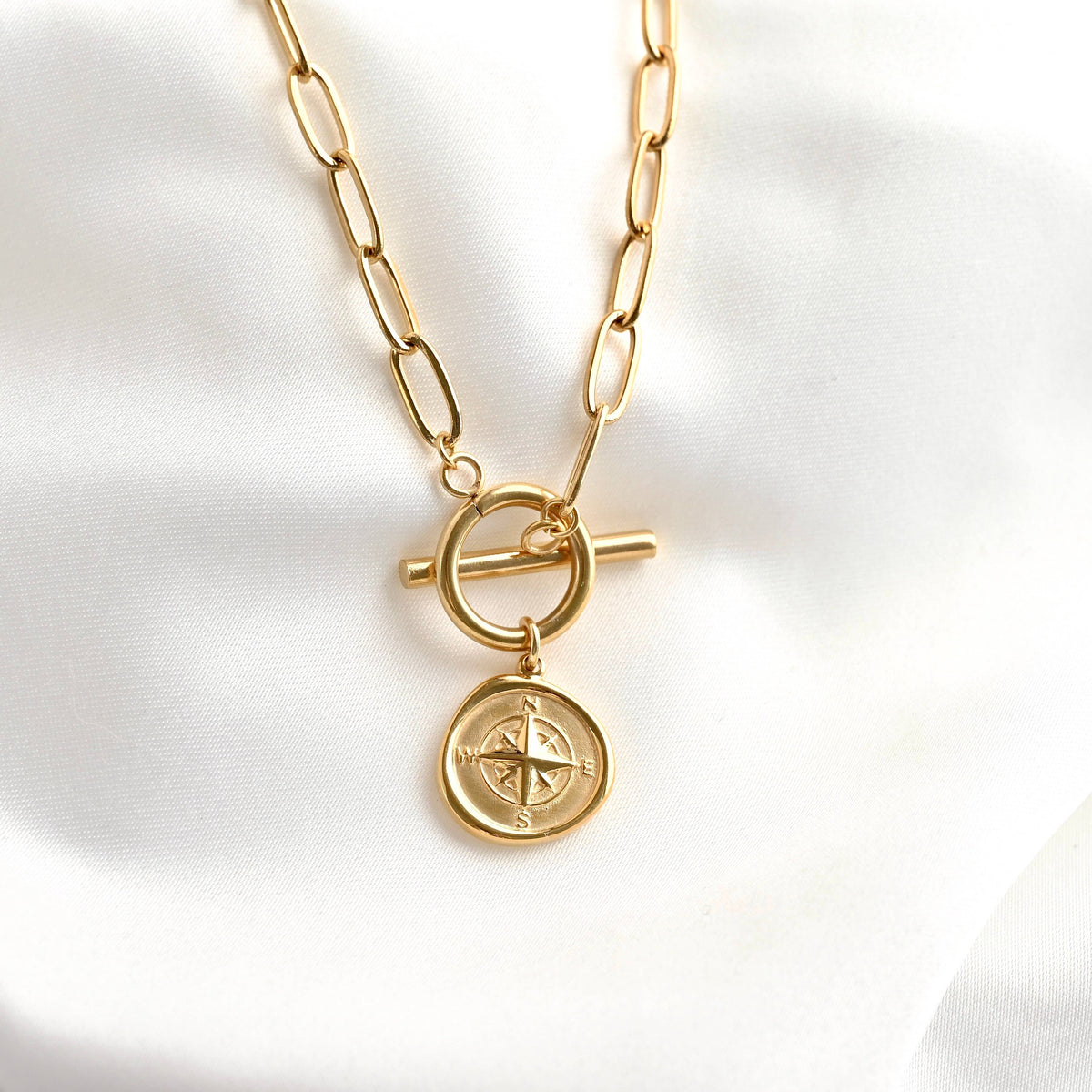 Paperclip Compass Medallion Necklace - Stainless Steel