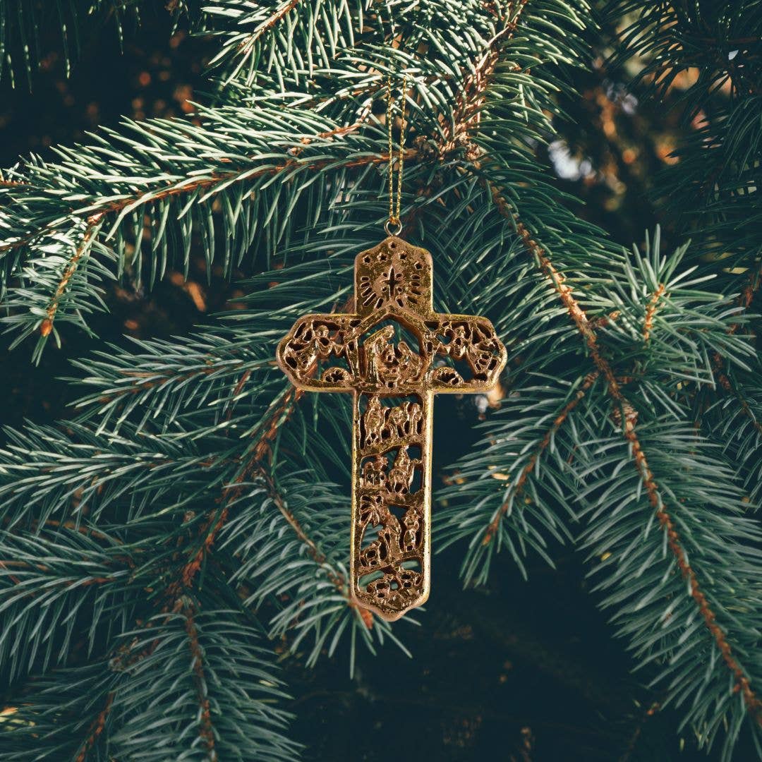Ornament Nativity Cross Distressed Gold Resin 4H