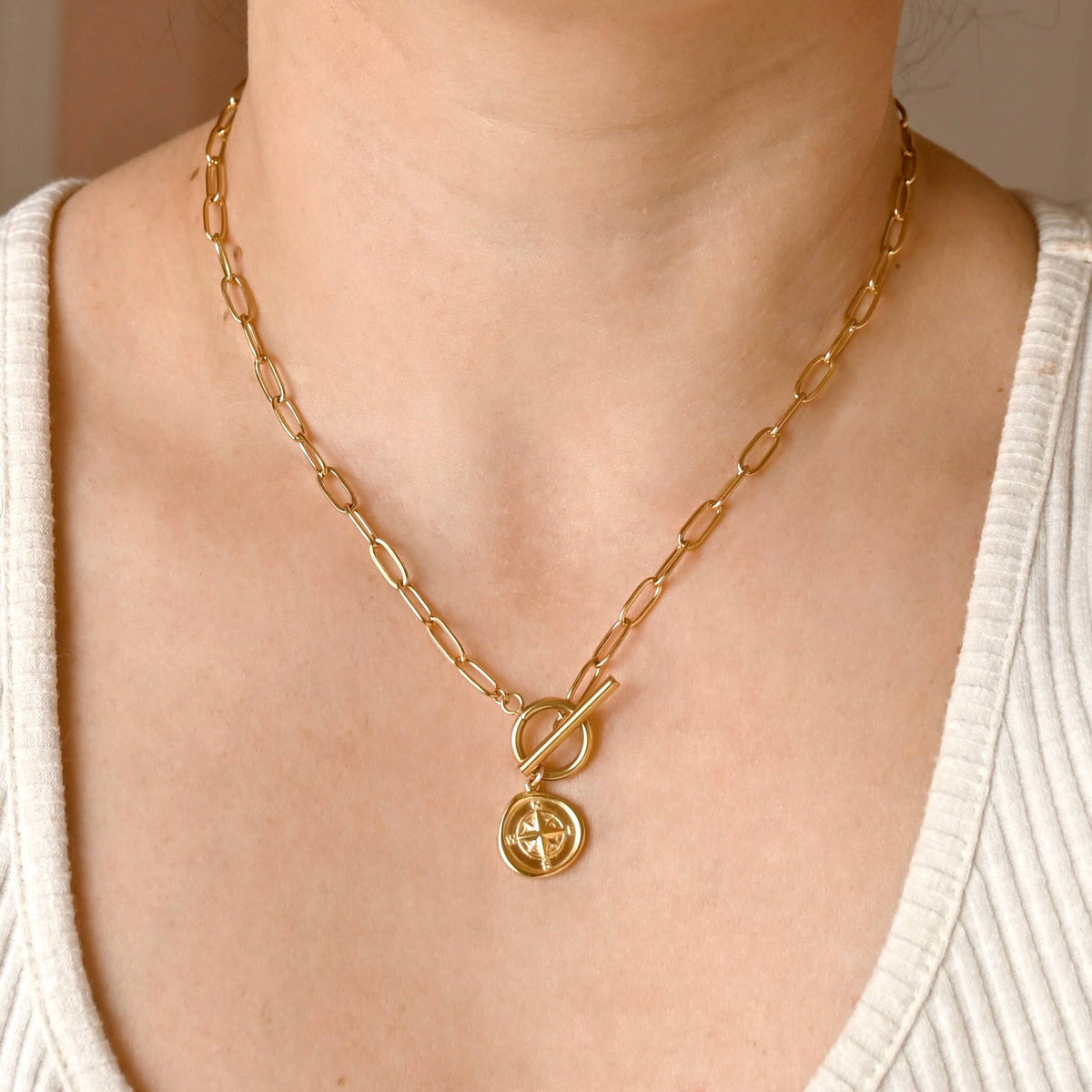 Paperclip Compass Medallion Necklace - Stainless Steel