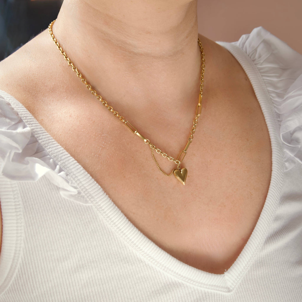 Gold Mixed Chain Puffy Heart Necklace - Stainless Steel