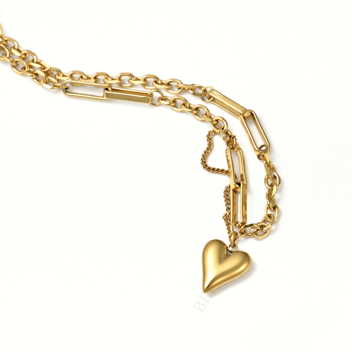Gold Mixed Chain Puffy Heart Necklace - Stainless Steel