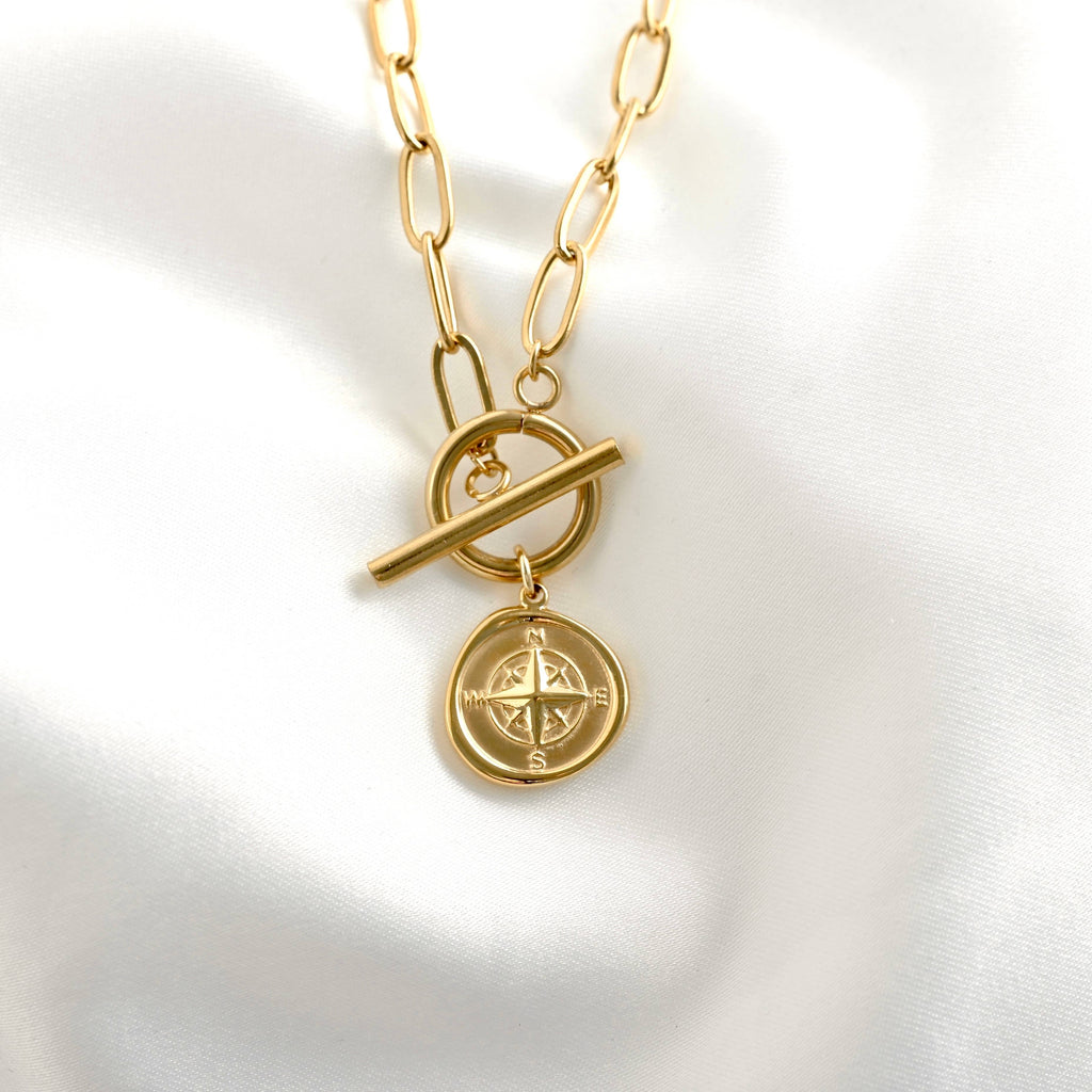 Paperclip Compass Medallion Necklace - Stainless Steel