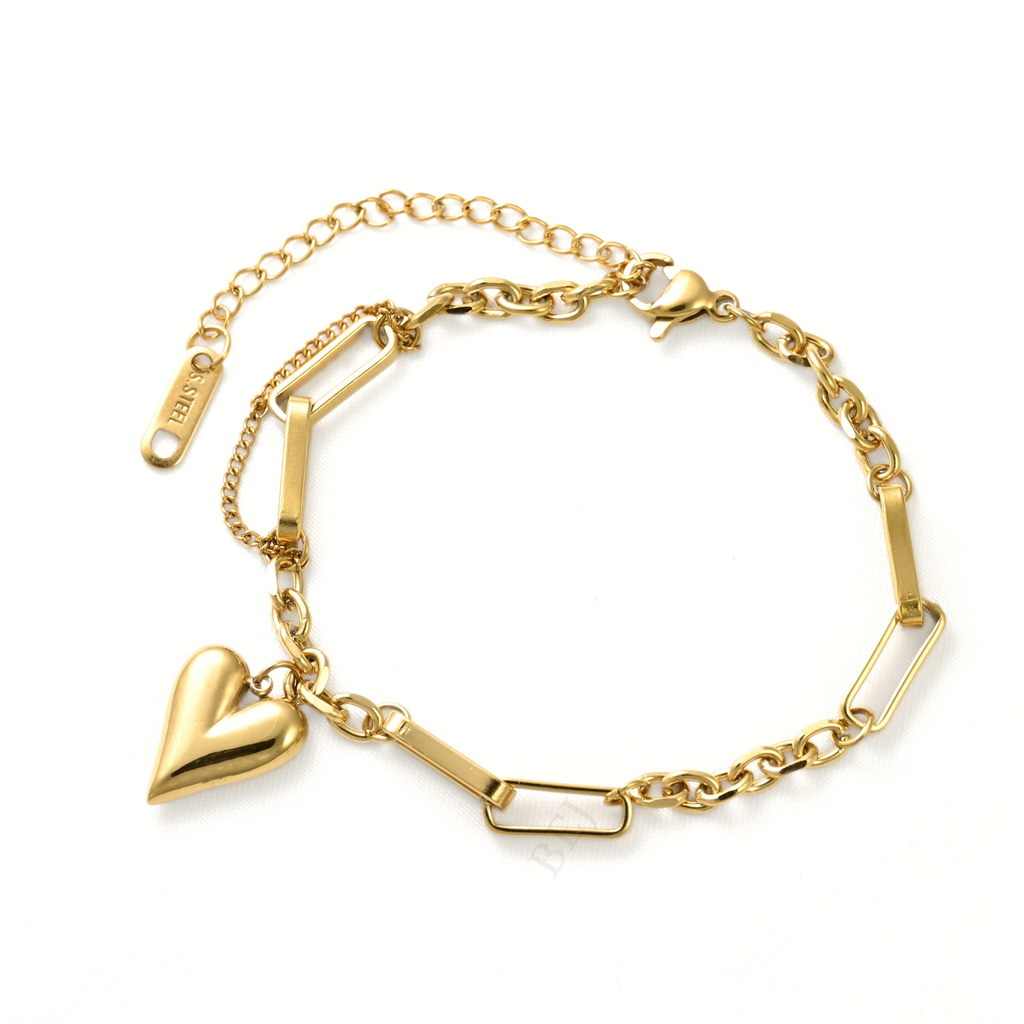 Gold Mixed Chain Puffy Heart Necklace - Stainless Steel