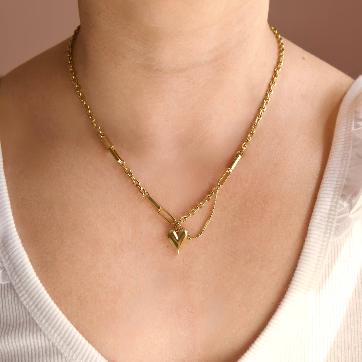 Gold Mixed Chain Puffy Heart Necklace - Stainless Steel
