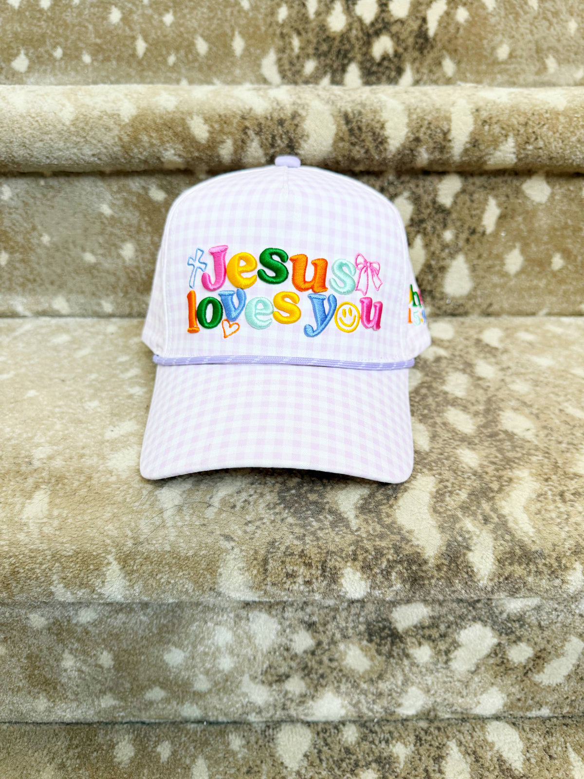 Purple Checker Jesus Loves You Hat